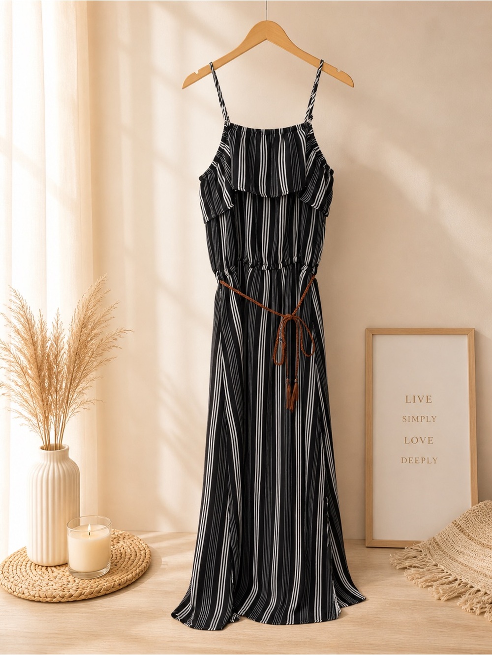 Black & White Striped Maxi Dress with Waist Tie